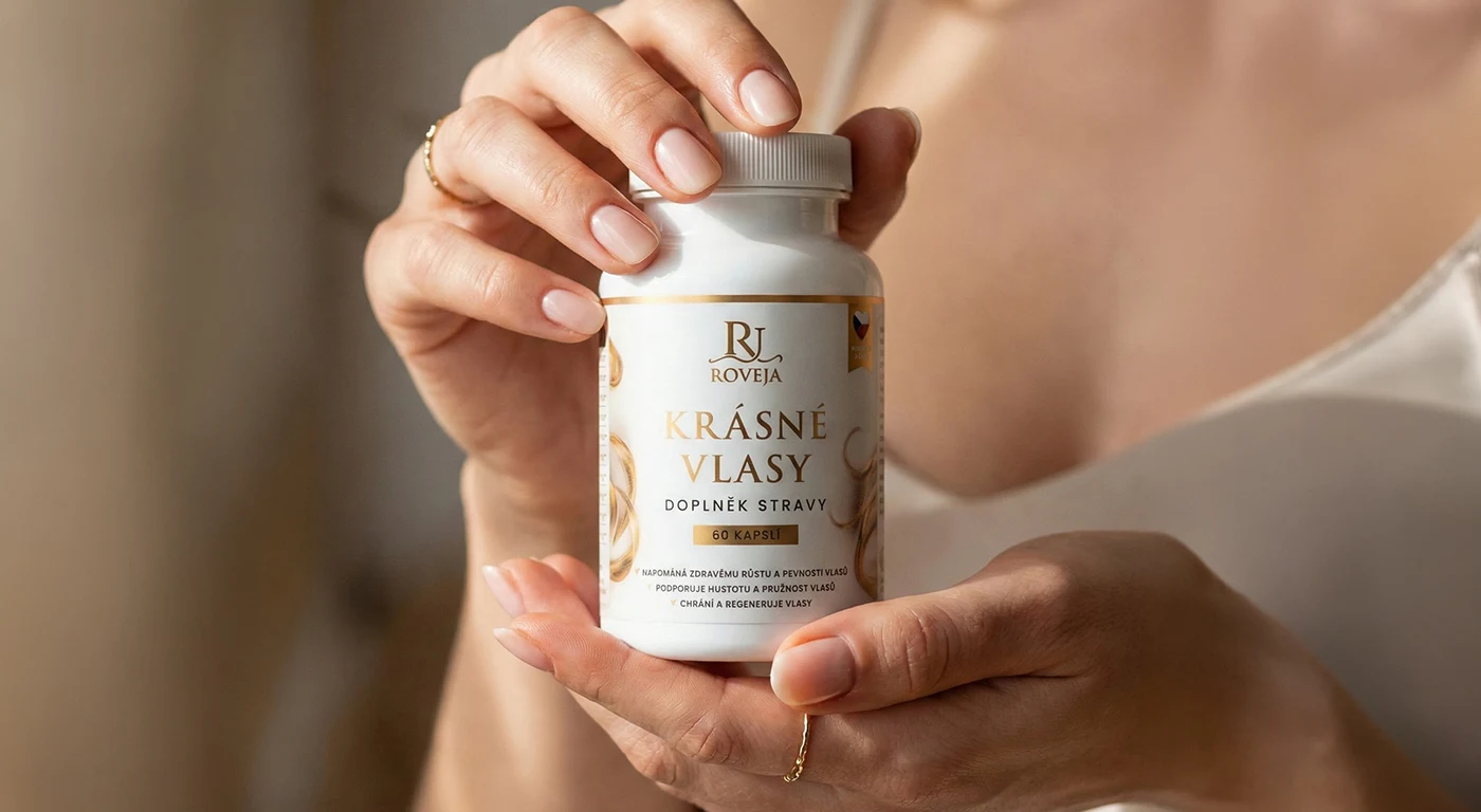 Žena držící v dlani doplněk stravy Roveja Krásné Vlasy – detailní produktová fotografie